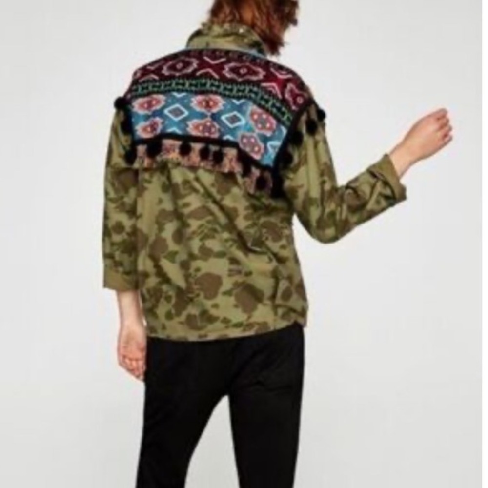Zara Woman Camo Utility Jacket Embroidered Tapestry Back Pom Pom Studded Boho XS